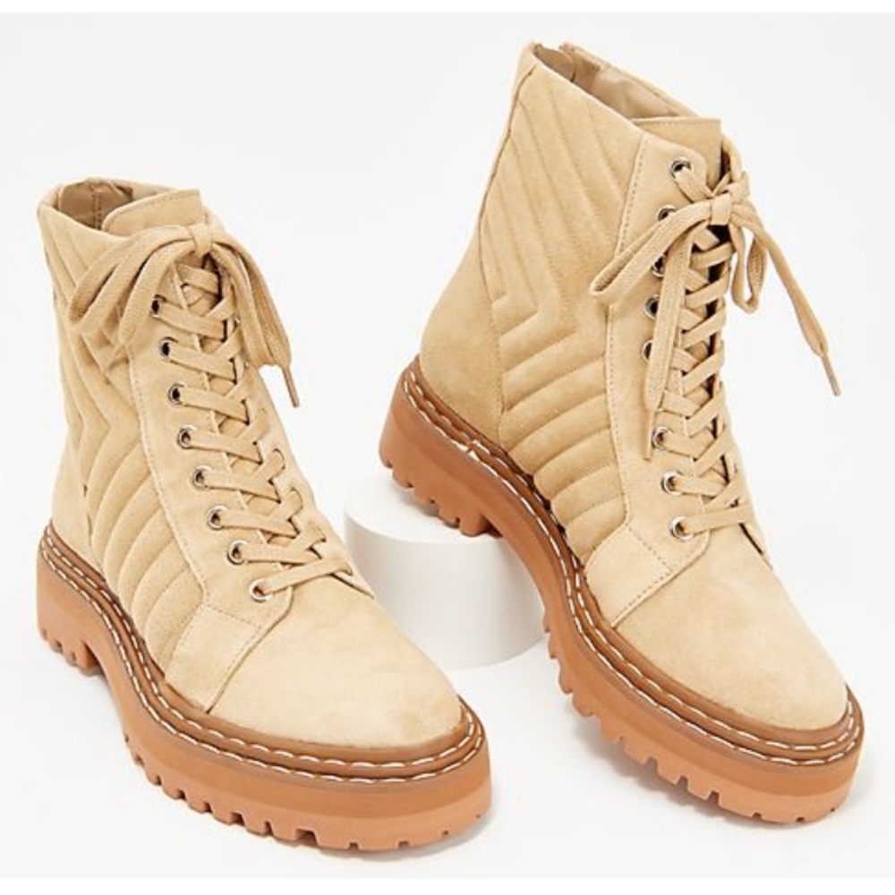 Vince Camuto Beige Quilted Lace-Up Boots